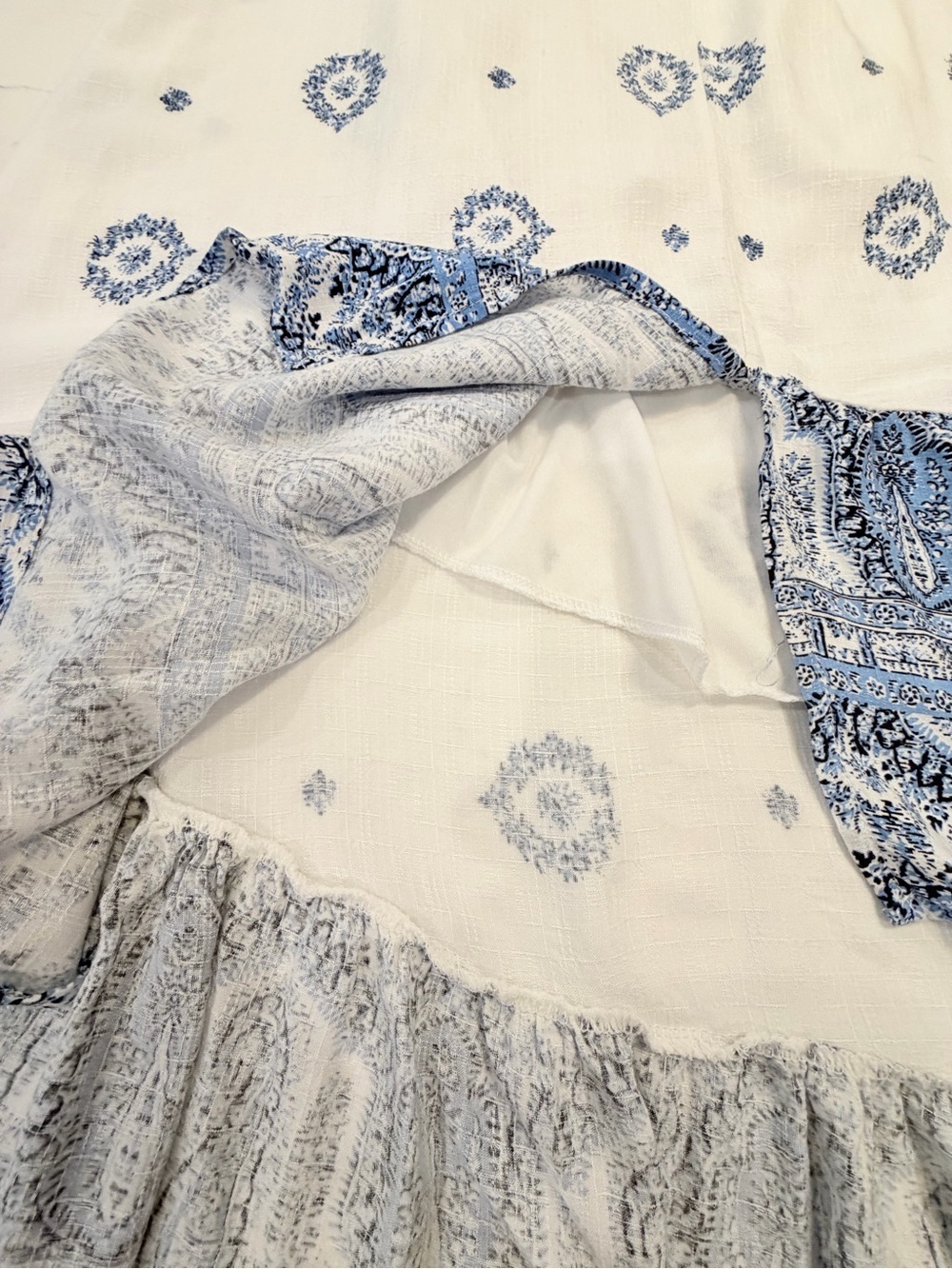 White & Blue Printed Midi Dress with Tie Waist - Picture 4 of 11